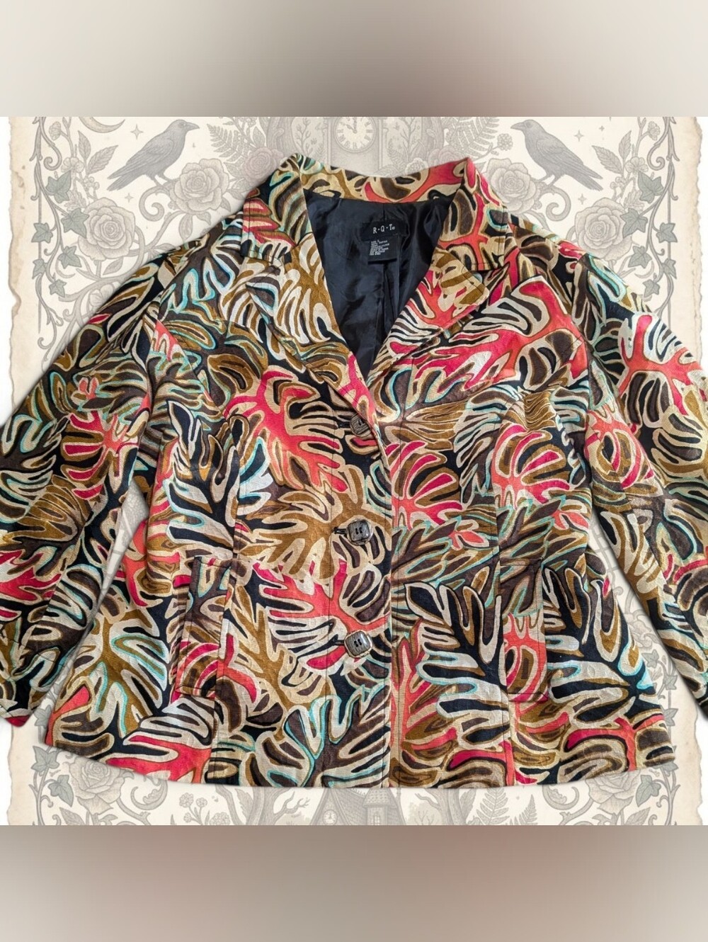 Art to Wear Vintage Corduroy Palm Botanical Blazer Jacket Large RQT Boho Eclecti